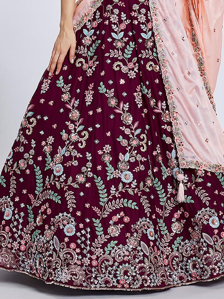 Enchanting Burgundy Embroidered Georgette Lehenga Choli With Dupatta