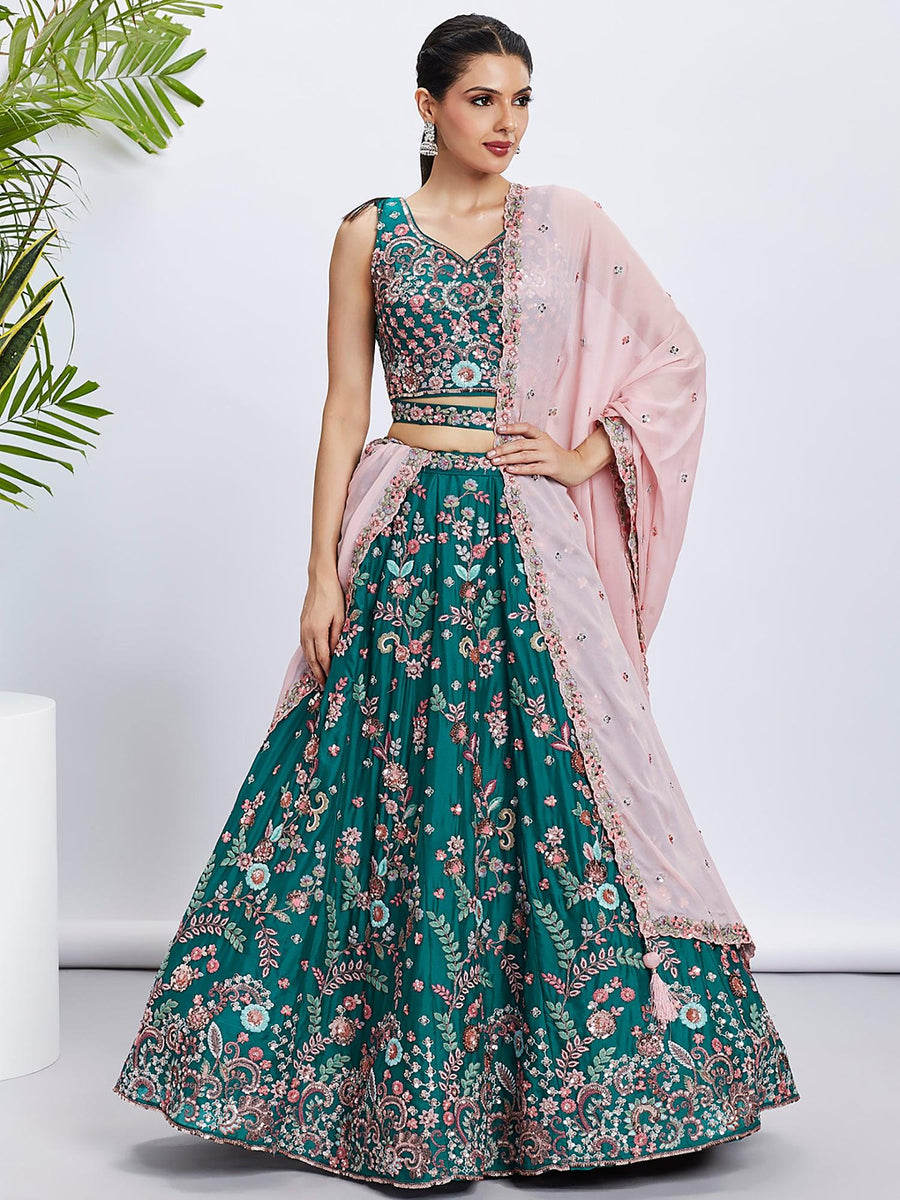 Stunning Teal Green Embroidered Georgette Wedding Lehenga Choli