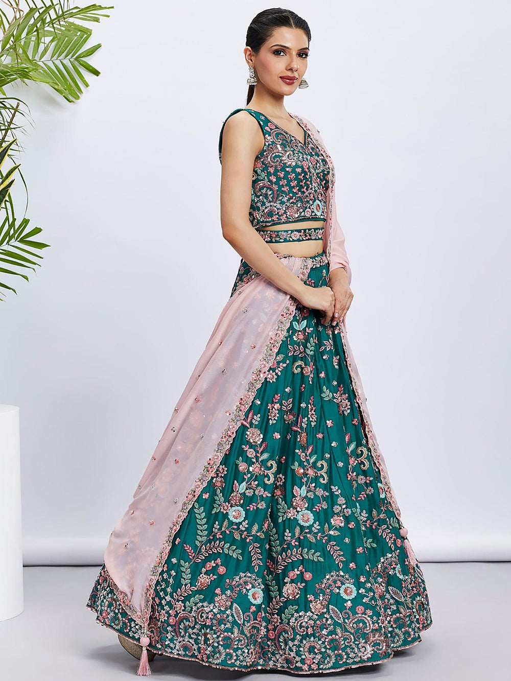 Stunning Teal Green Embroidered Georgette Wedding Lehenga Choli