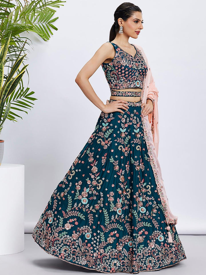 Charming Teal Blue Embroidered Georgette Sangeet Wear Lehenga Choli