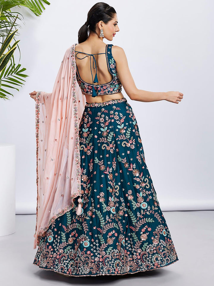 Charming Teal Blue Embroidered Georgette Sangeet Wear Lehenga Choli