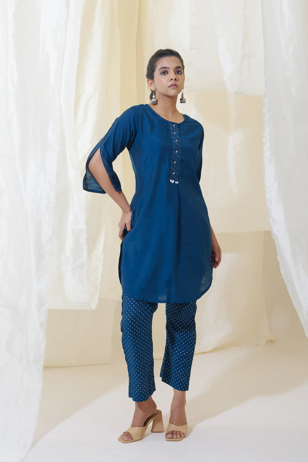 Exclusive teal-blue Kurtis Set | foil printed tassels Design for Special Occasio