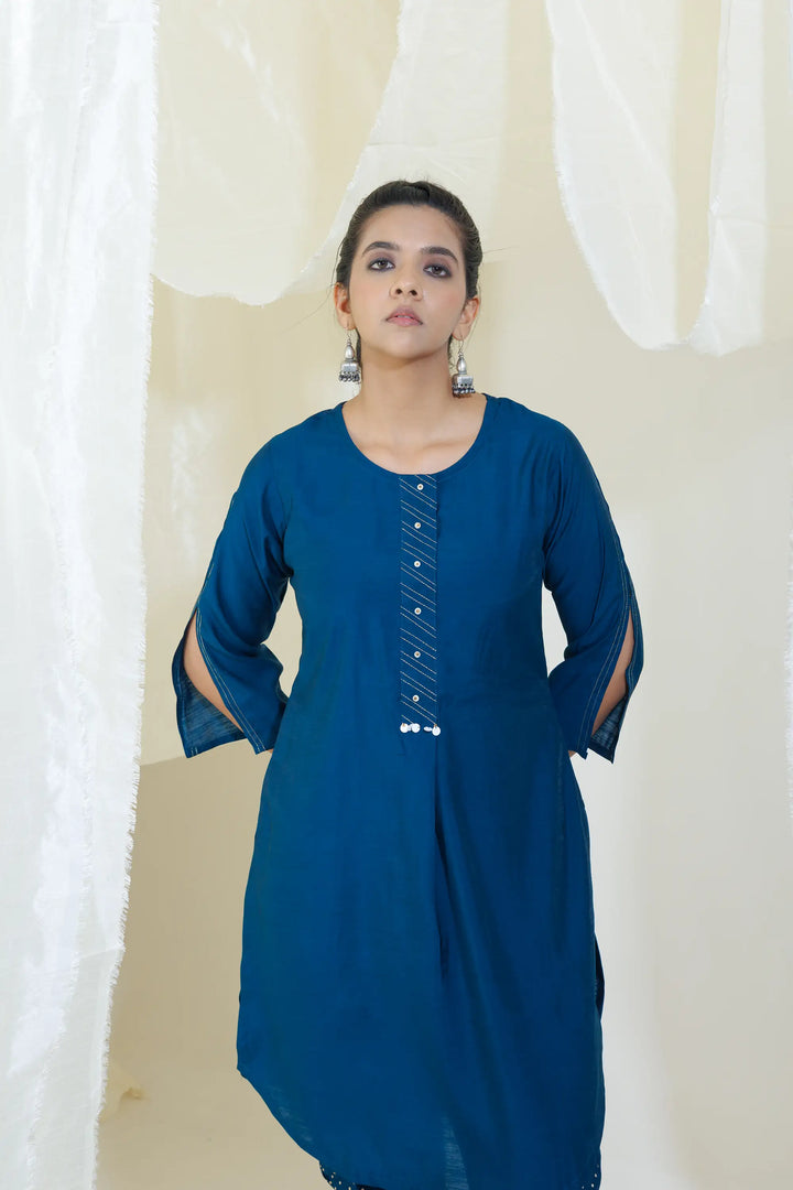 Exclusive teal-blue Kurtis Set | foil printed tassels Design for Special Occasio