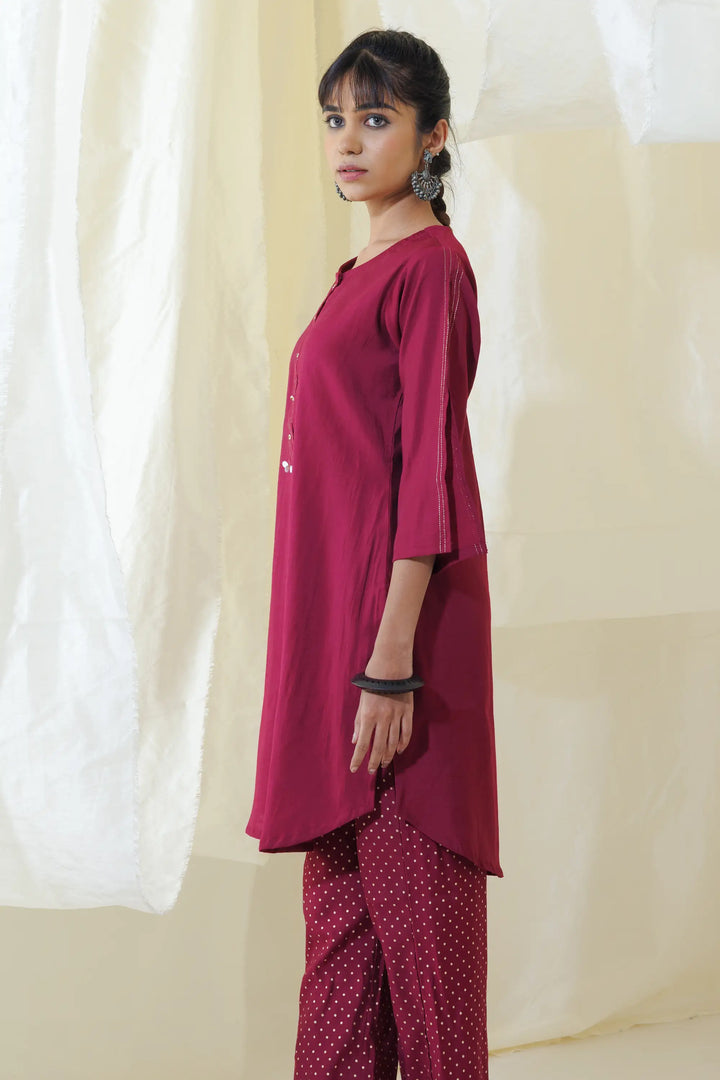 Kurtis Set in burgundy | Perfect foil printed polka dots work linening work with