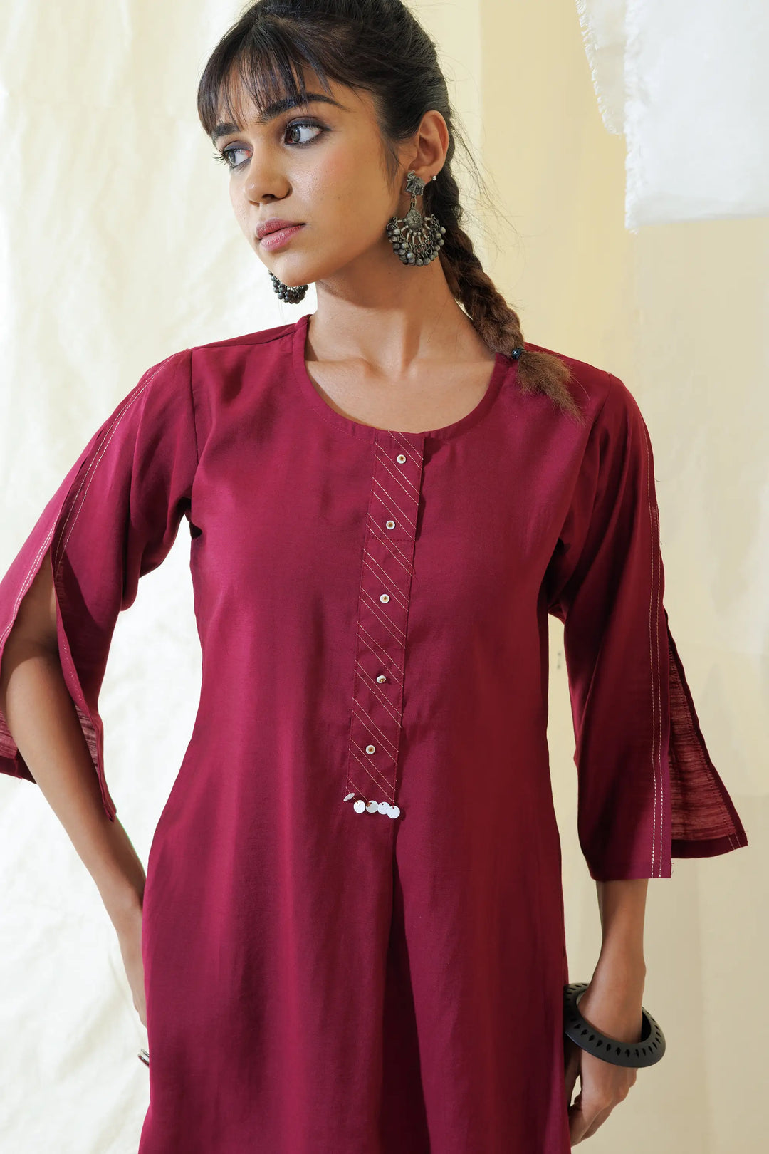 Kurtis Set in burgundy | Perfect foil printed polka dots work linening work with