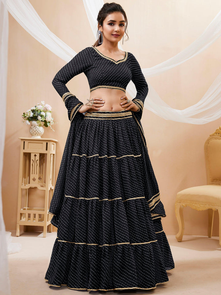 Beautiful Black Leheriya Printed Georgette Lehenga Choli With Dupatta