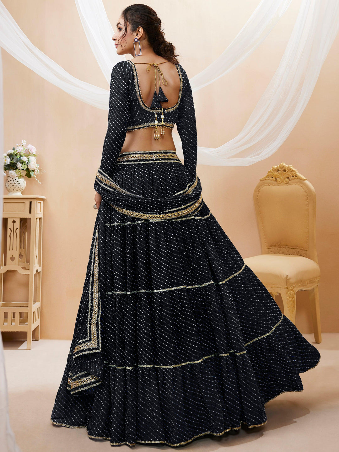 Beautiful Black Leheriya Printed Georgette Lehenga Choli With Dupatta