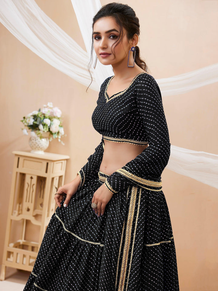 Beautiful Black Leheriya Printed Georgette Lehenga Choli With Dupatta