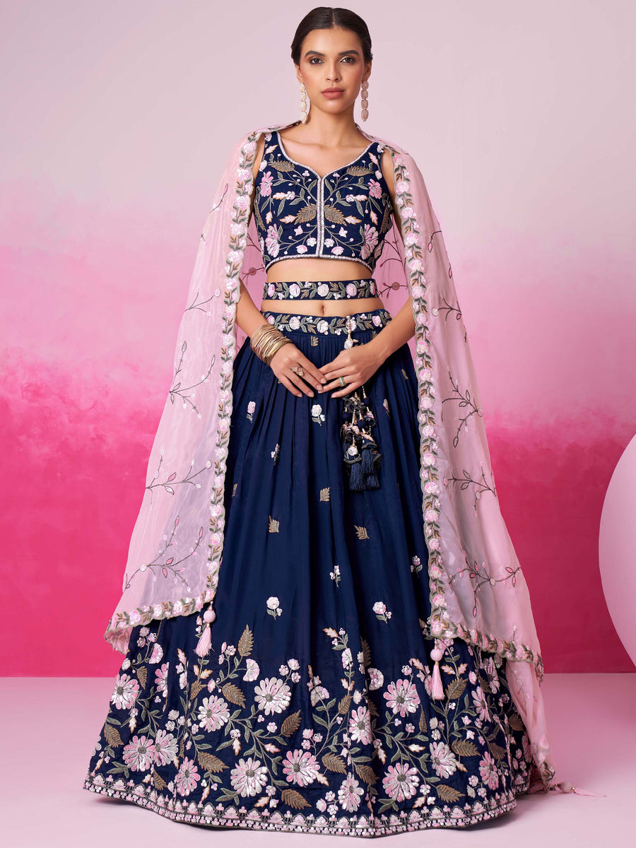 Glamorous Navy Blue Embroidered Satin Lehenga Choli With Dupatta