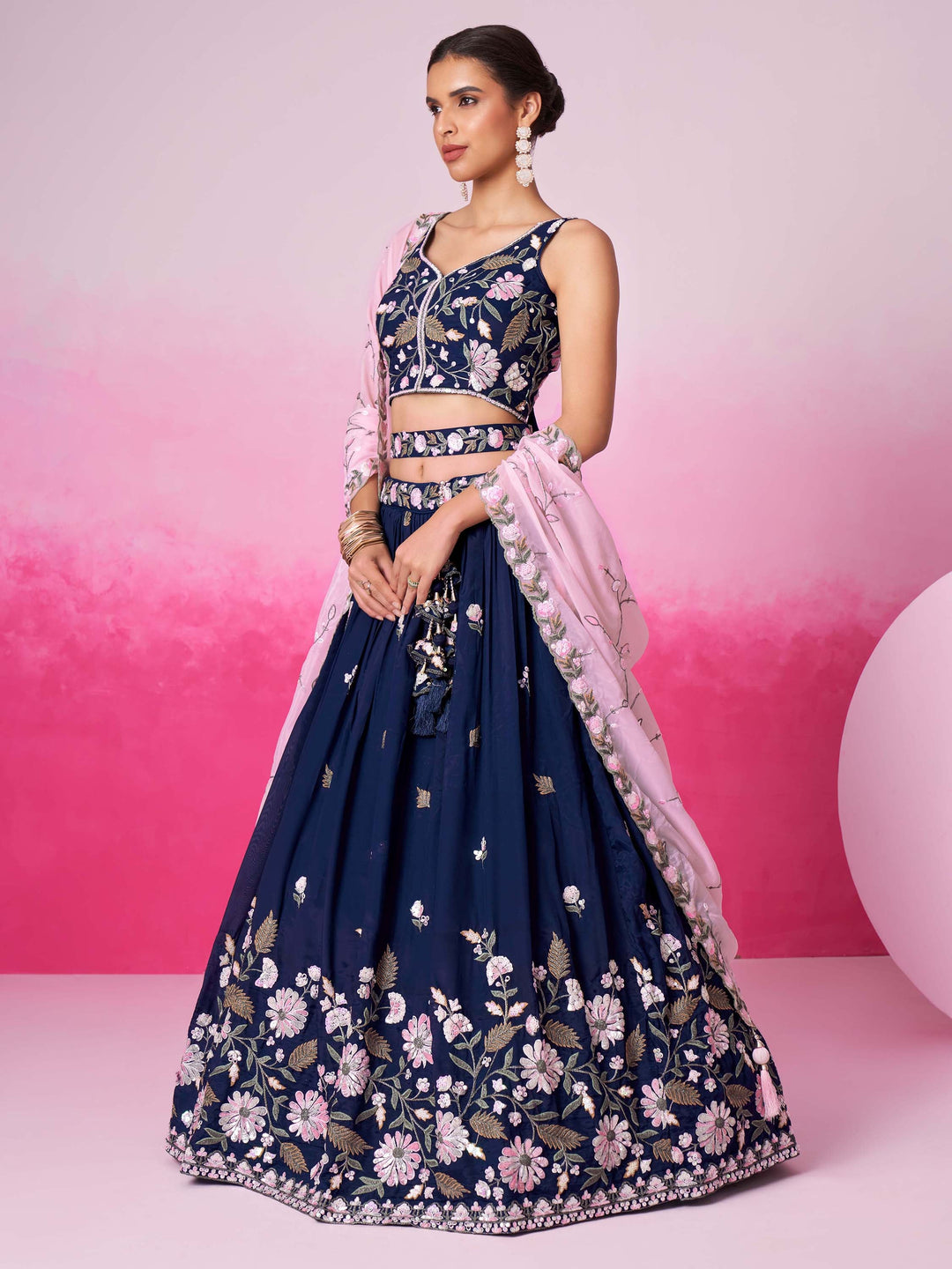 Glamorous Navy Blue Embroidered Satin Lehenga Choli With Dupatta