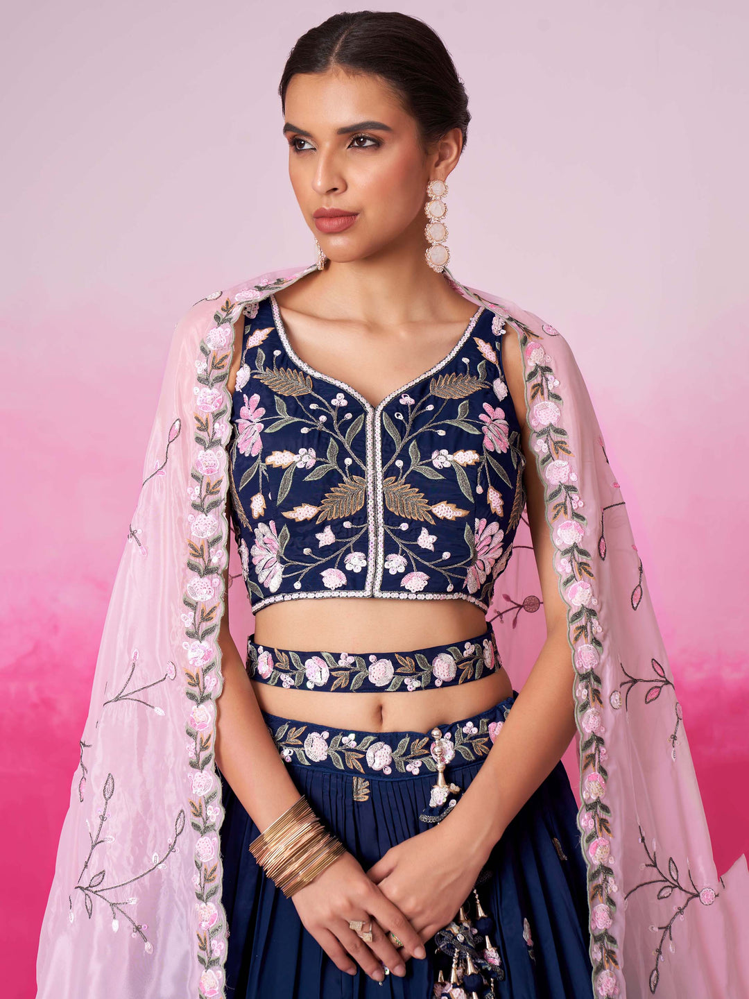 Glamorous Navy Blue Embroidered Satin Lehenga Choli With Dupatta