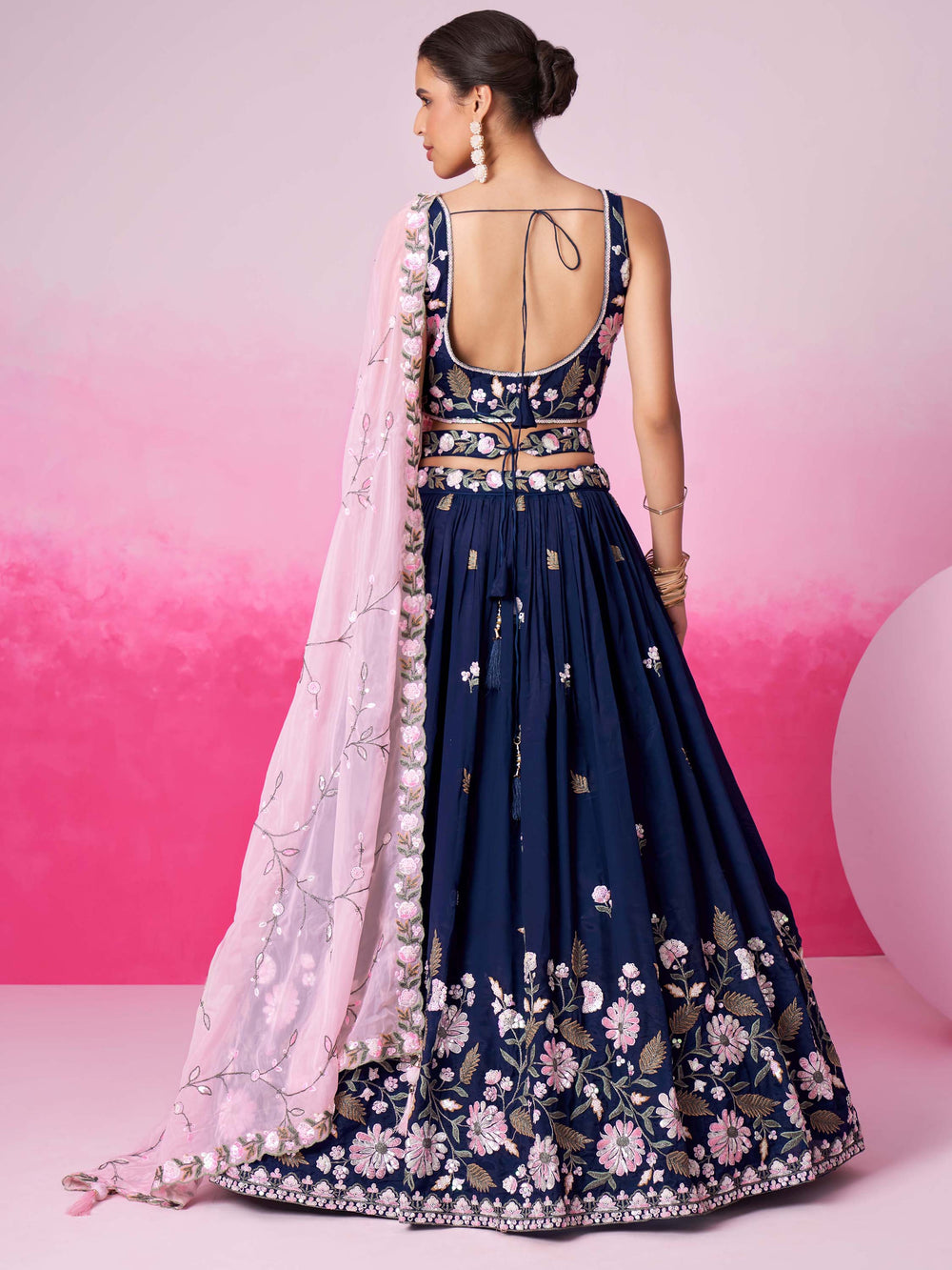 Glamorous Navy Blue Embroidered Satin Lehenga Choli With Dupatta