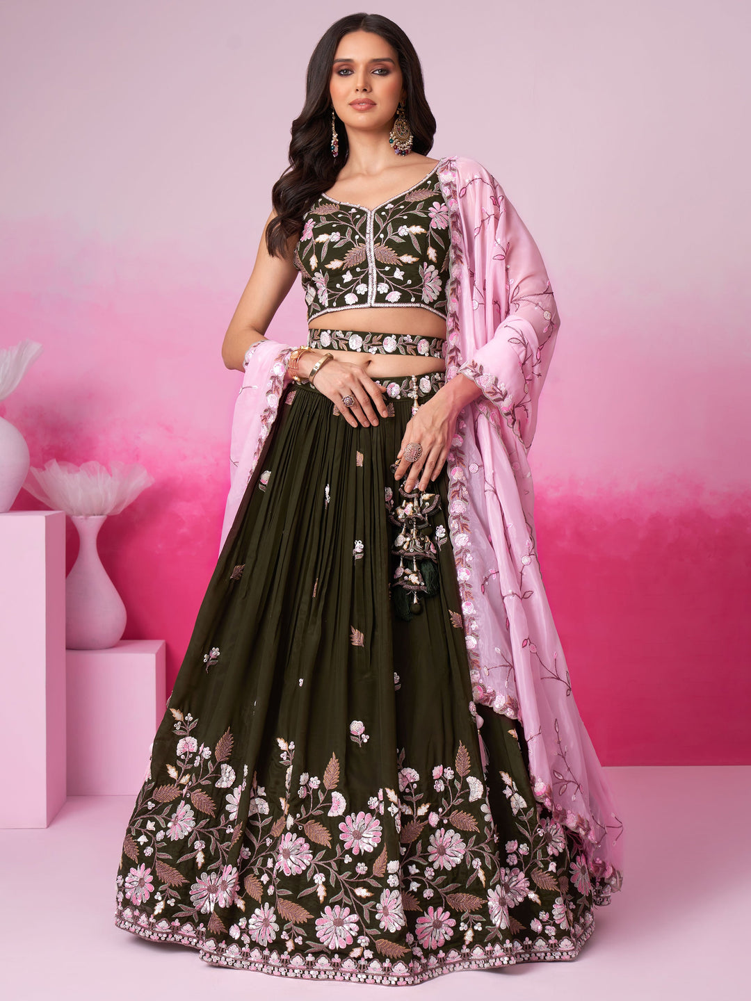 Lovely Olive Green Embroidered Satin Engagement Wear Lehenga Choli