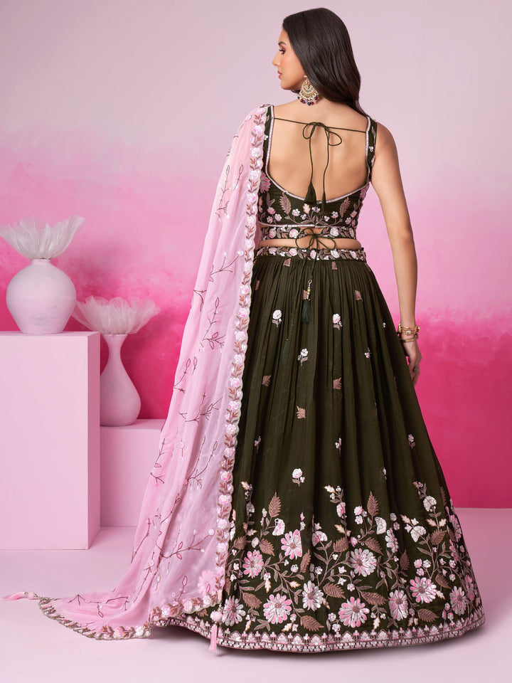 Lovely Olive Green Embroidered Satin Engagement Wear Lehenga Choli