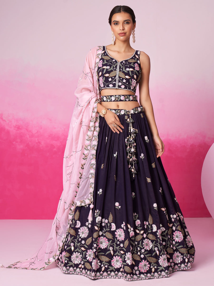 AlluringÃ‚Â Purple Embroidered Satin Wedding Lehenga Choli With Dupatta