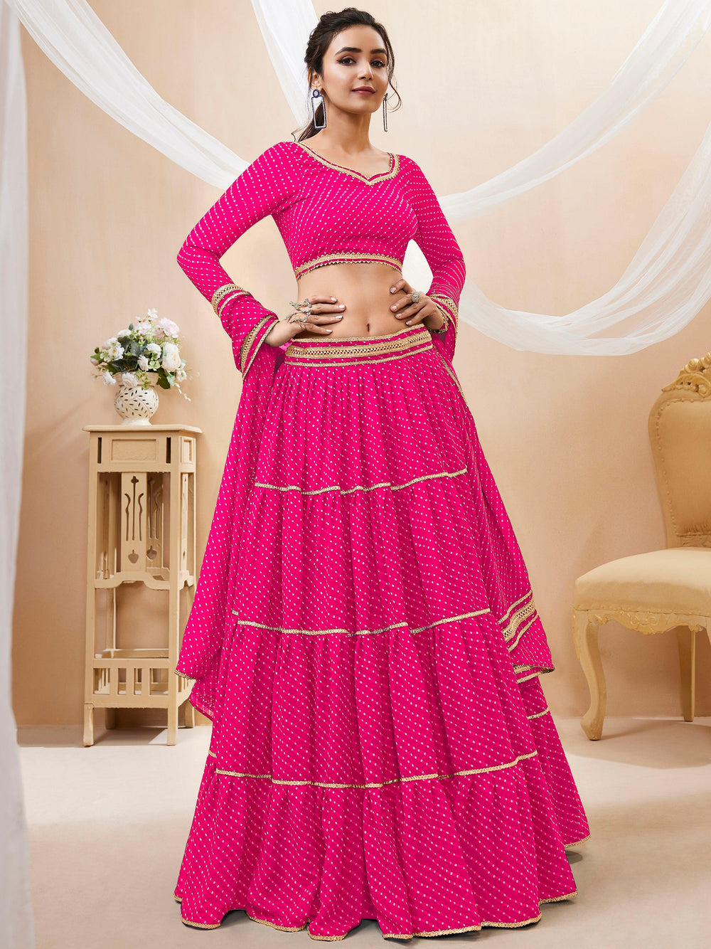 Charming Pink Leheriya Printed Georgette Traditional Lehenga Choli