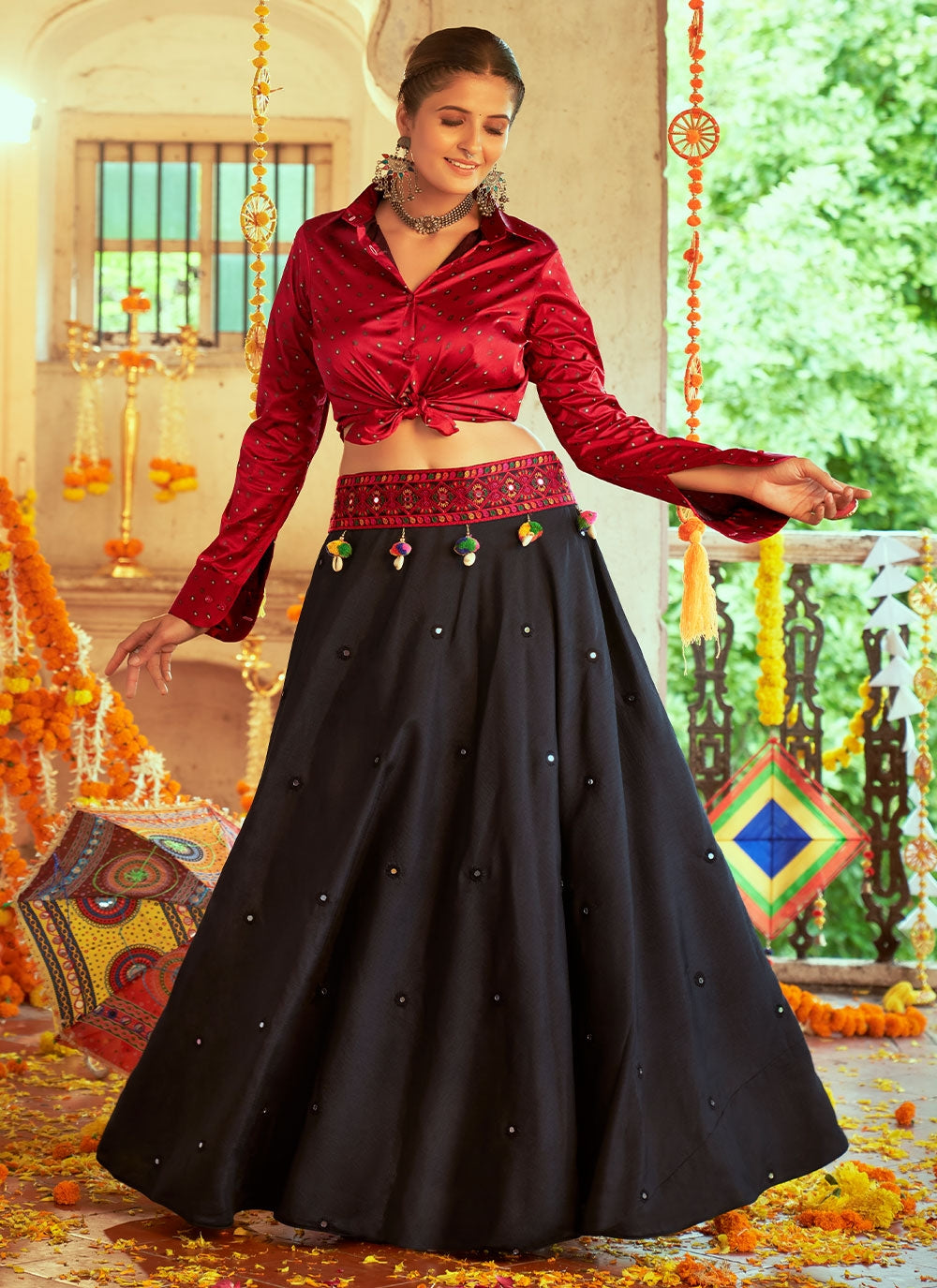 Stylish Maroon & Black Skirt and Top Set | Elegant Printed and Embroidery Work