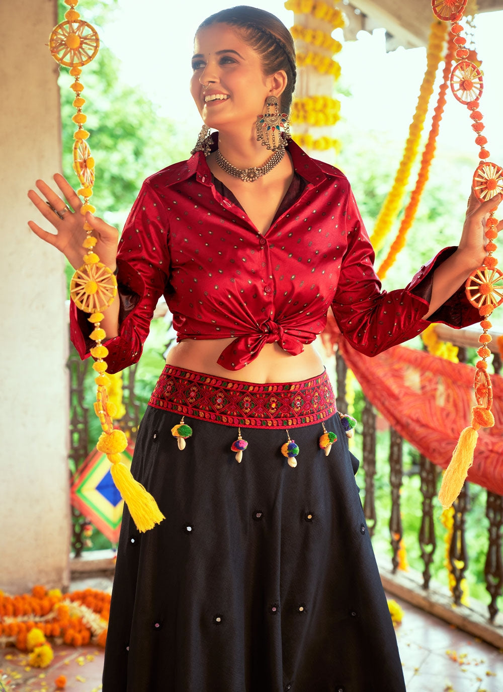 Stylish Maroon & Black Skirt and Top Set | Elegant Printed and Embroidery Work