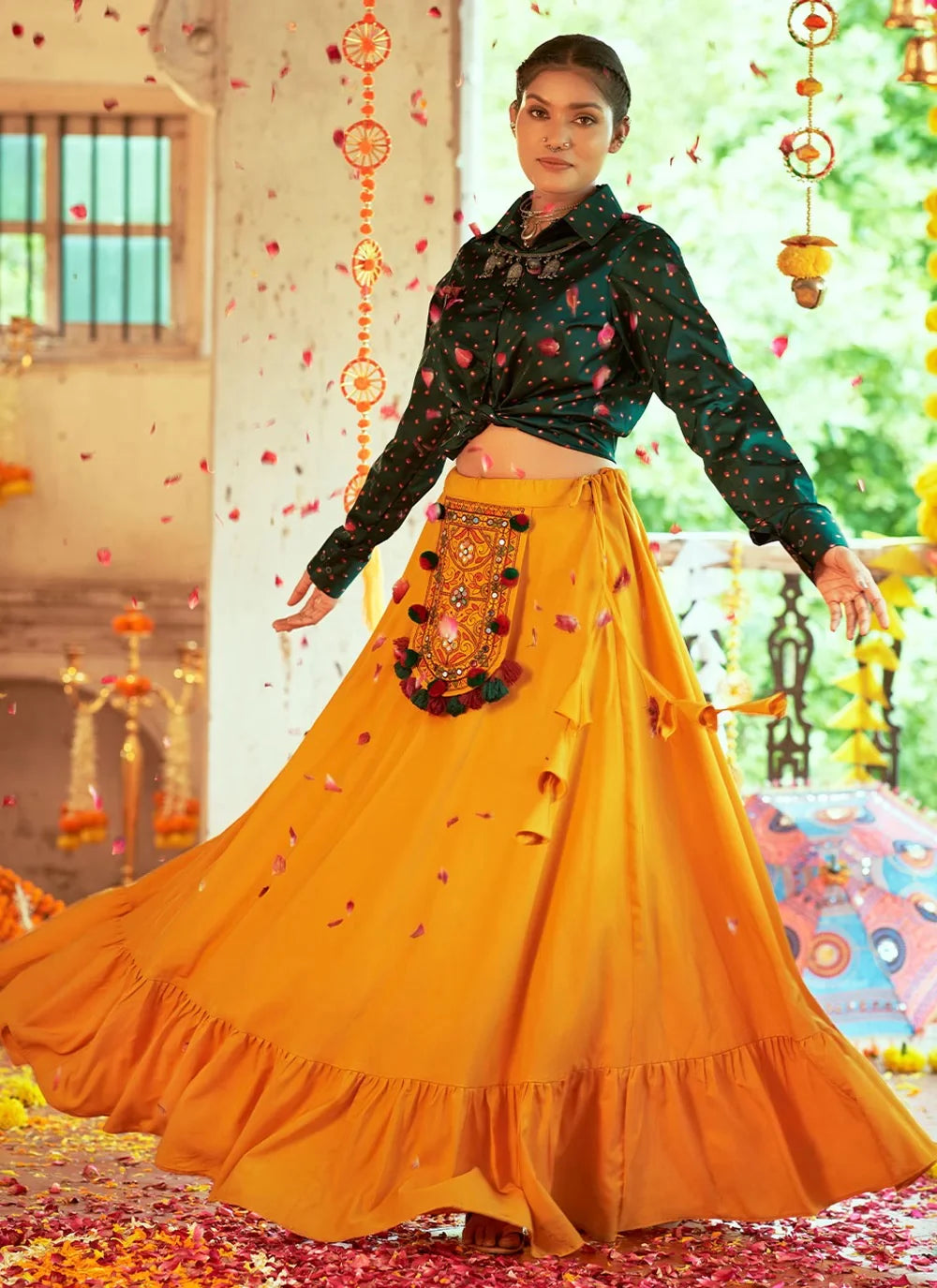 Stylish Green & Mustard Skirt and Top Set | Elegant Printed and Embroidery Work