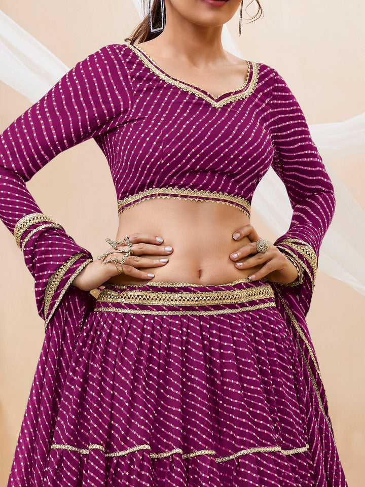 Stunning Purple Leheriya Printed Georgette Lehenga Choli With Dupatta