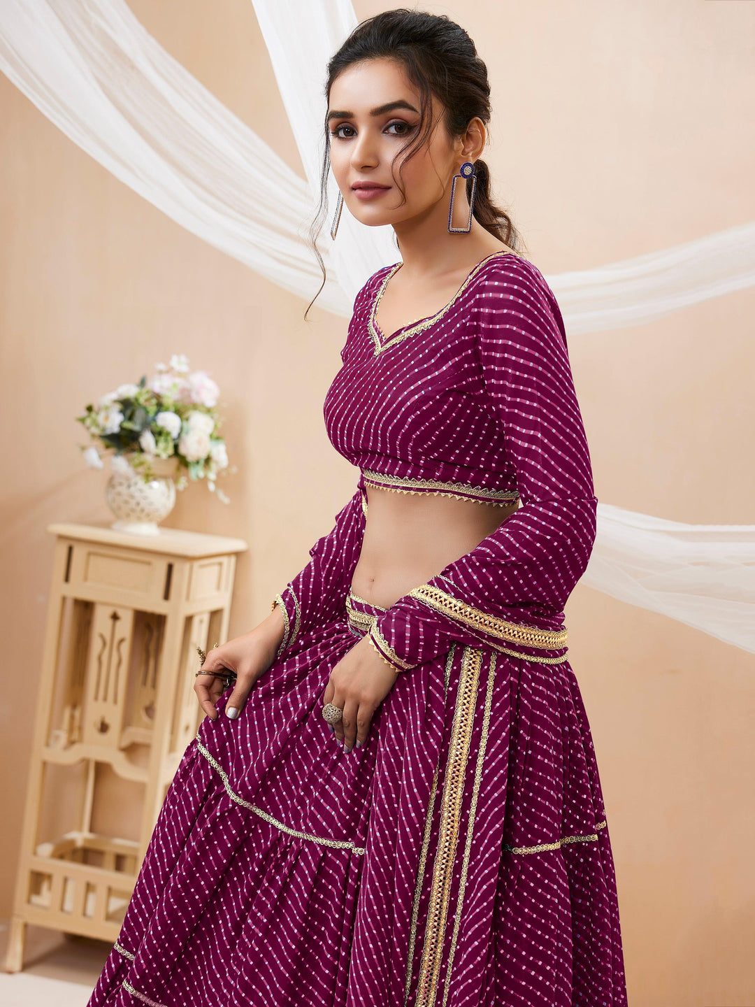 Stunning Purple Leheriya Printed Georgette Lehenga Choli With Dupatta