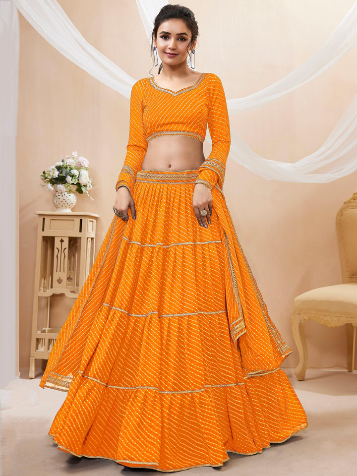 Attractive Yellow Leheriya Printed Georgette Haldi Wear Lehenga Choli