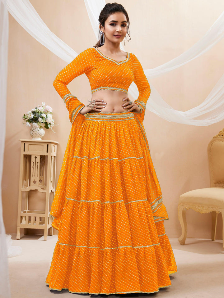 Attractive Yellow Leheriya Printed Georgette Haldi Wear Lehenga Choli