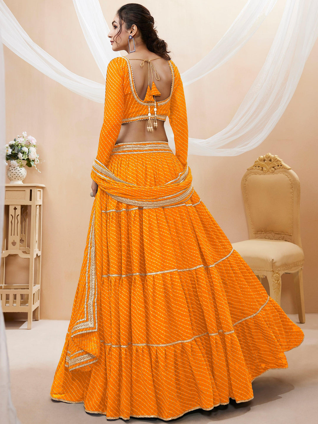 Attractive Yellow Leheriya Printed Georgette Haldi Wear Lehenga Choli