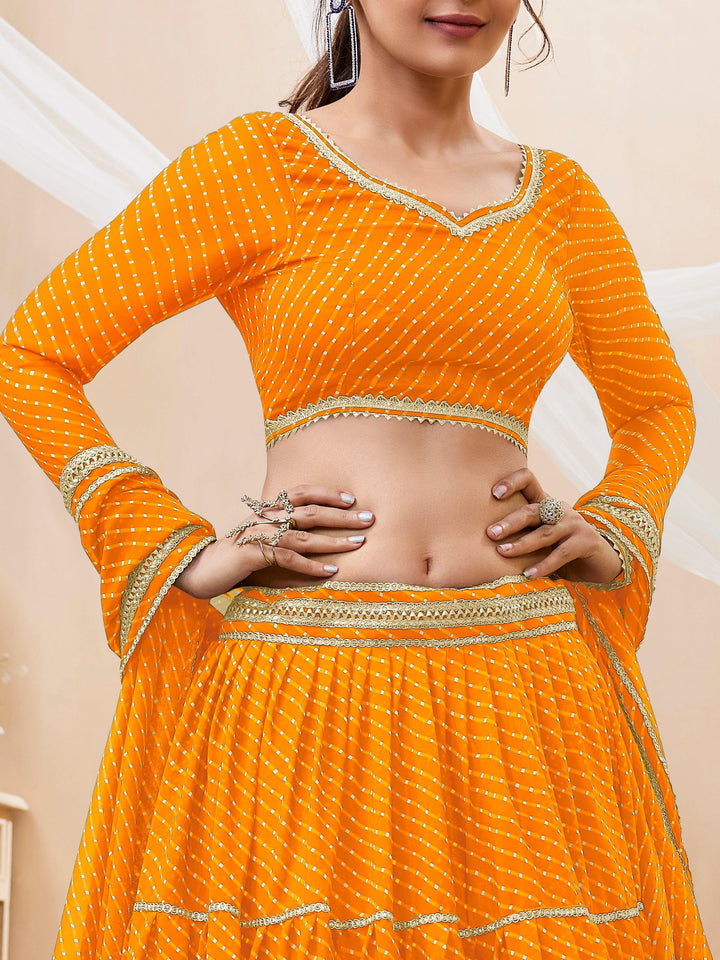 Attractive Yellow Leheriya Printed Georgette Haldi Wear Lehenga Choli