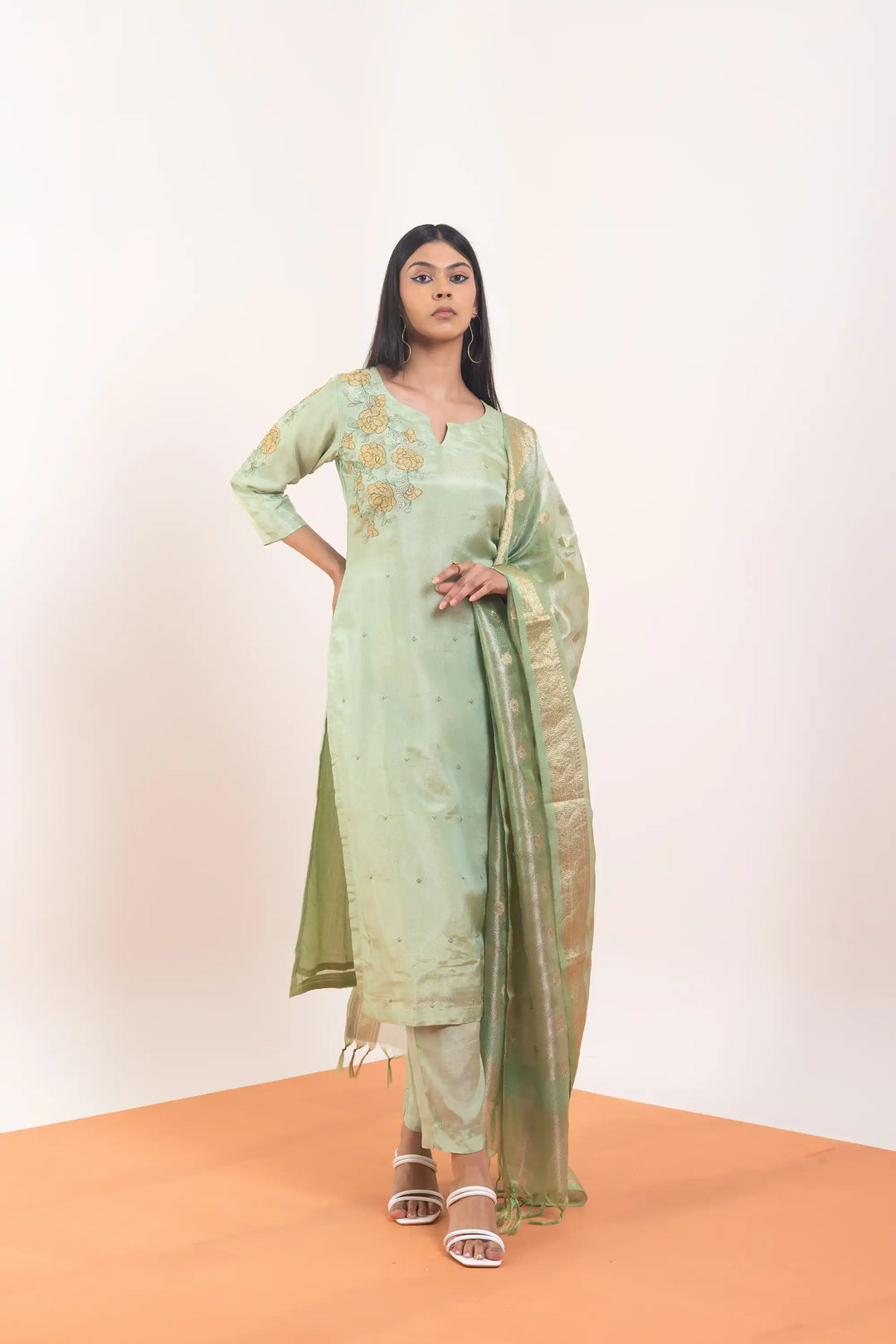 Light-green Kurtis Set | Crafted with tissue-silk and hand work linening work