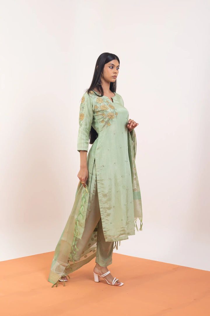 Light-green Kurtis Set | Crafted with tissue-silk and hand work linening work