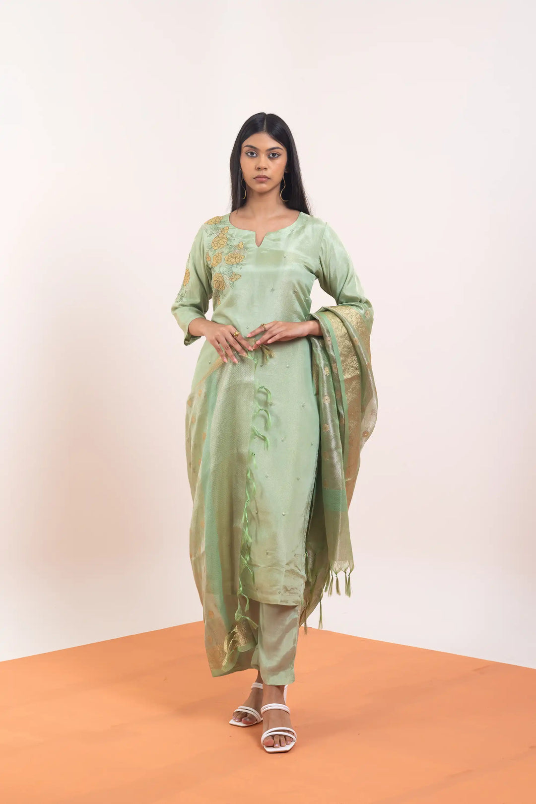 Light-green Kurtis Set | Crafted with tissue-silk and hand work linening work