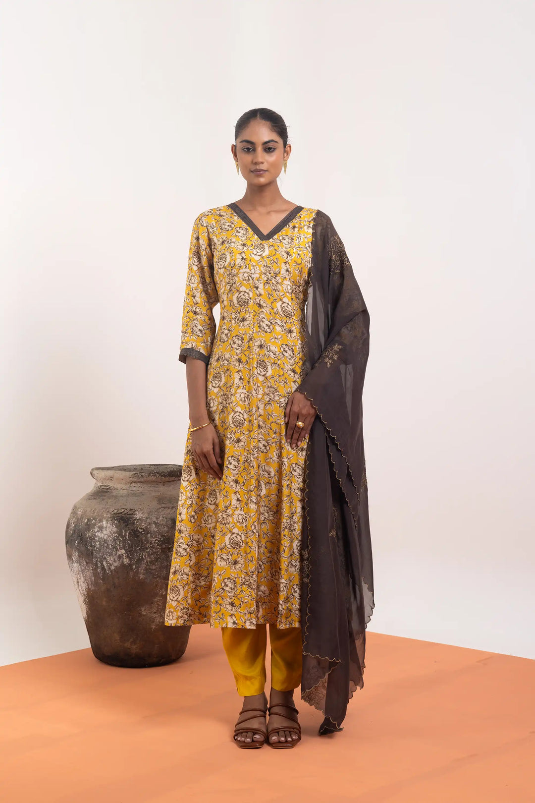 Elegant Anarkali | embroidery work linening work muslin in mustard