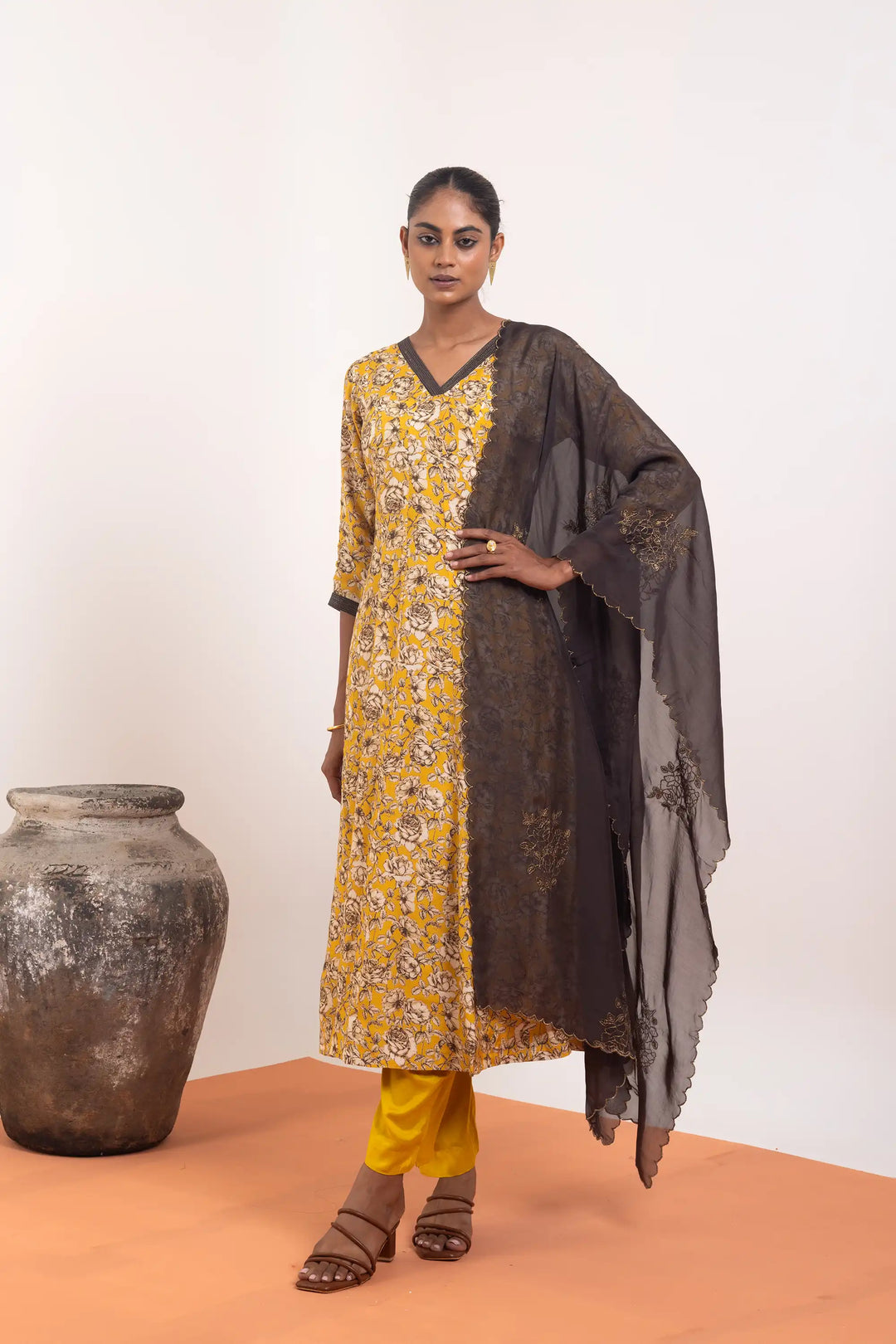 Elegant Anarkali | embroidery work linening work muslin in mustard