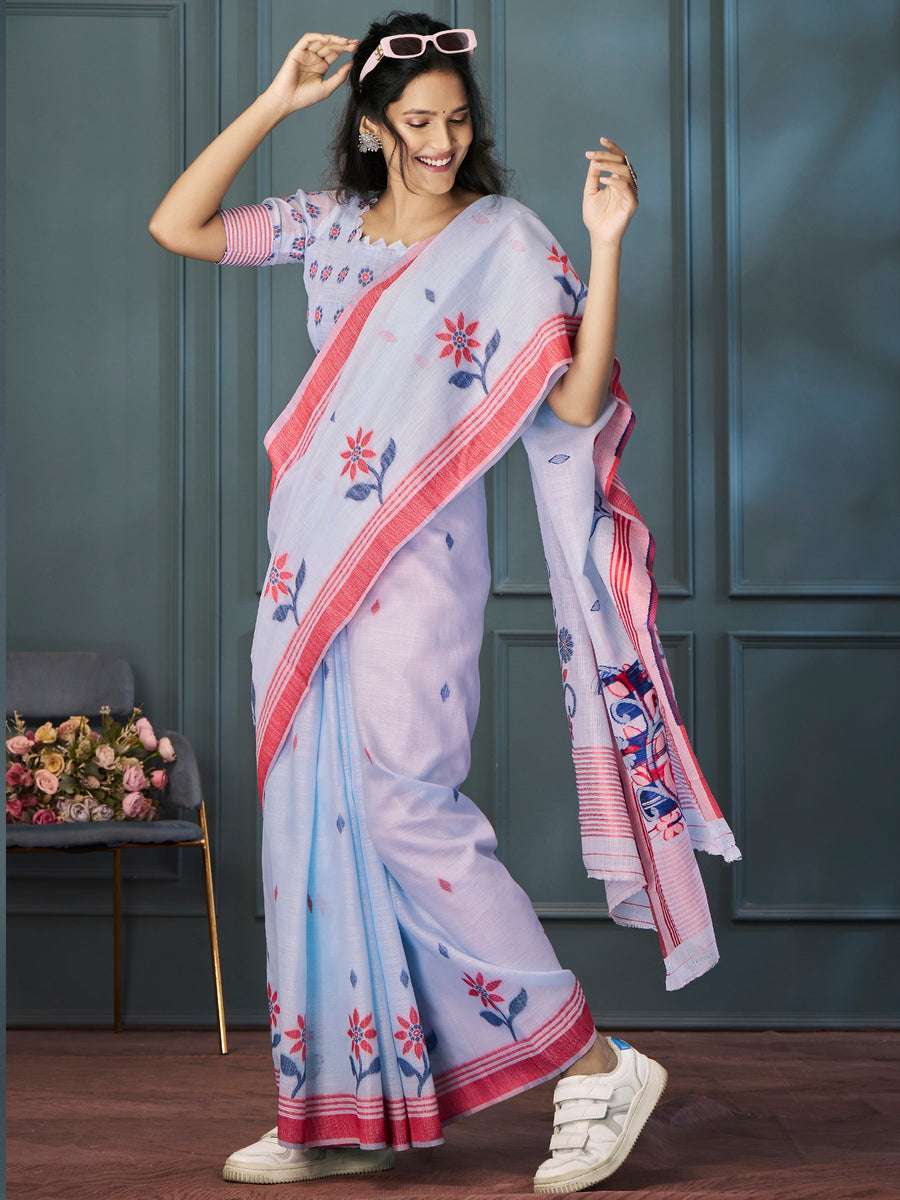 Blue linen saree crafted for elegance and style.