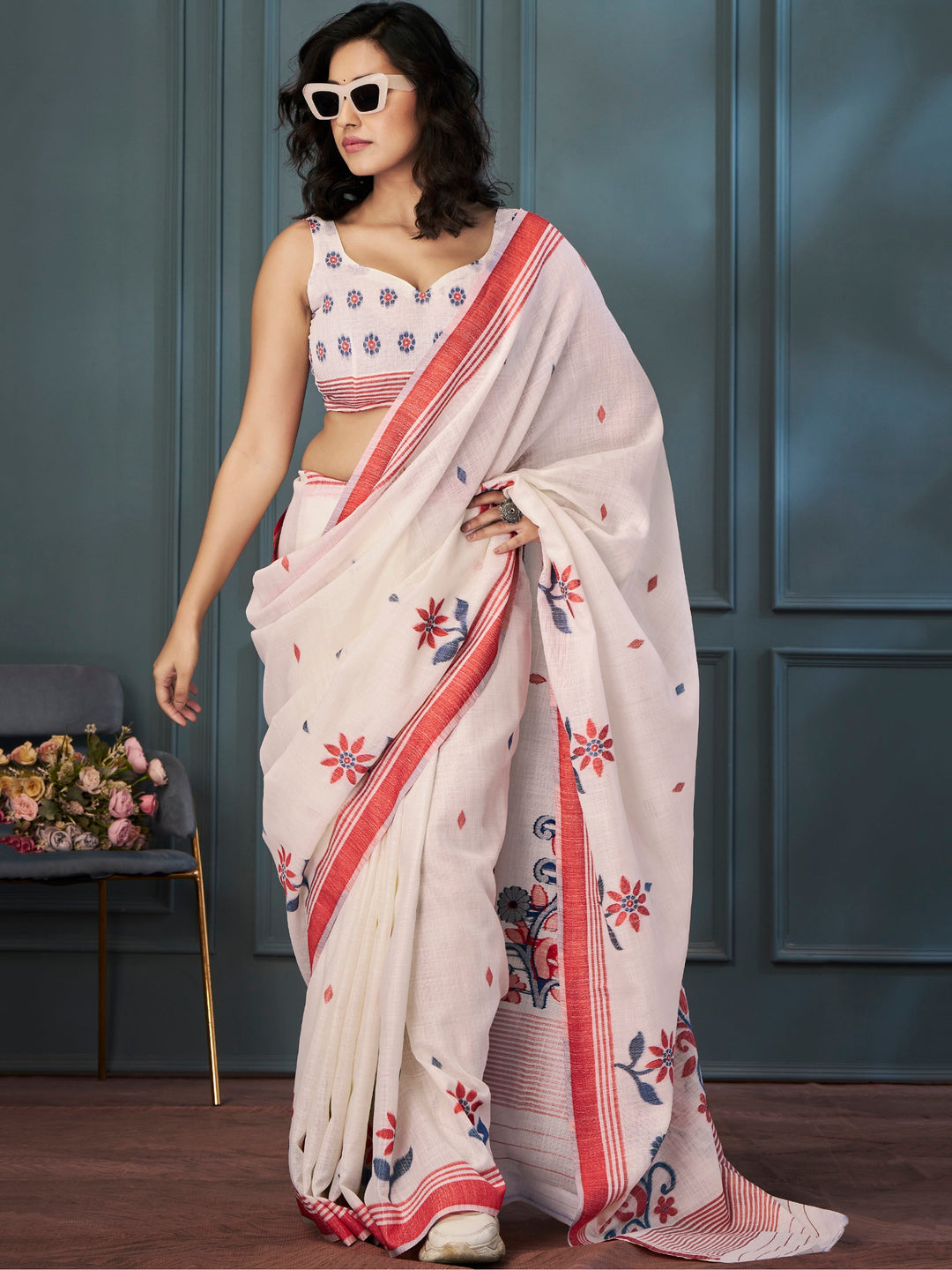 White linen saree crafted for elegance and style.