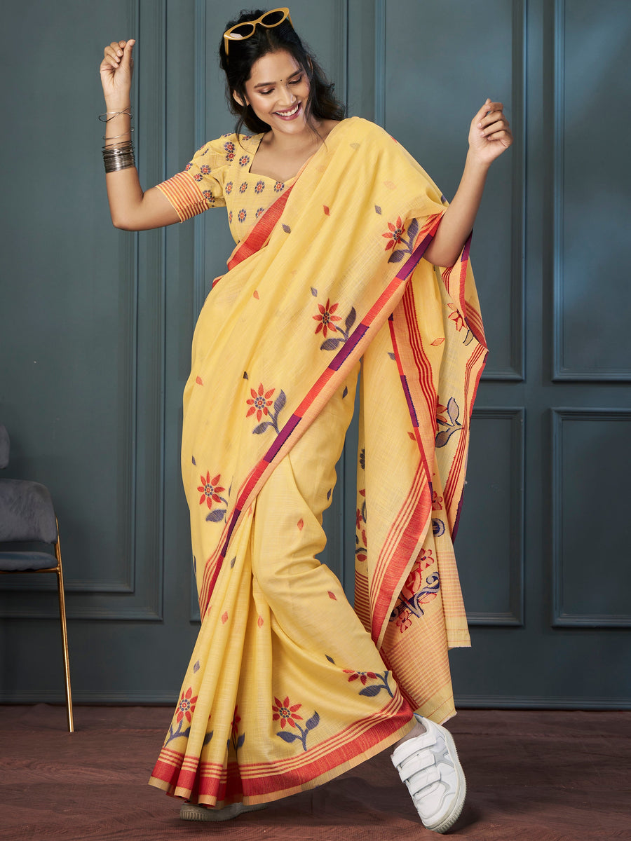 Yellow linen saree crafted for elegance and style.