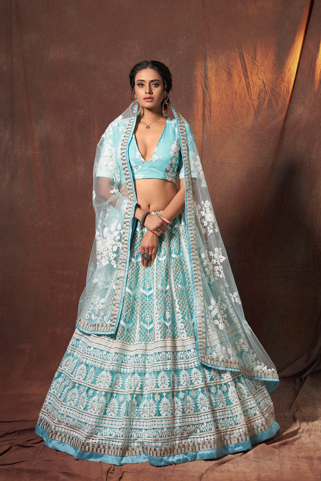 Traditional Baby Blue Lehenga | Party Wear Soft Net Lehenga Choli Set