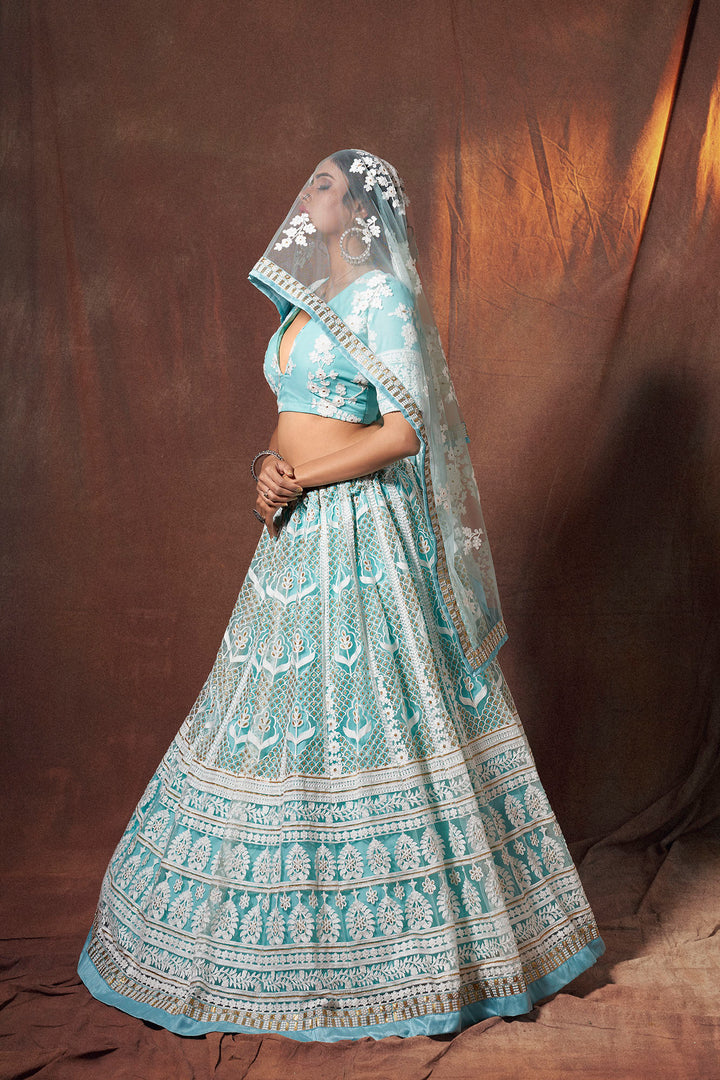 Traditional Baby Blue Lehenga | Party Wear Soft Net Lehenga Choli Set