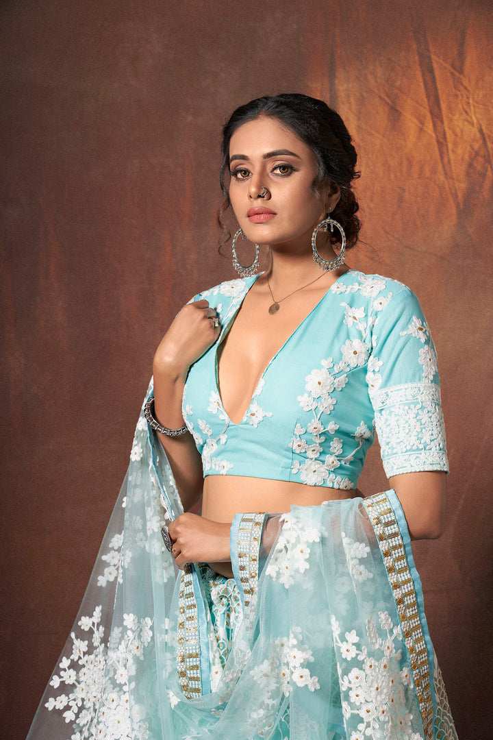 Traditional Baby Blue Lehenga | Party Wear Soft Net Lehenga Choli Set