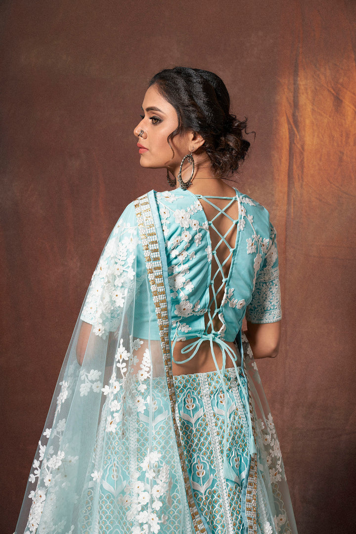 Traditional Baby Blue Lehenga | Party Wear Soft Net Lehenga Choli Set