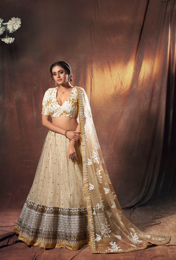 Beige Soft Net Lehenga | Bridal Lehenga Choli | Indian Party Wear