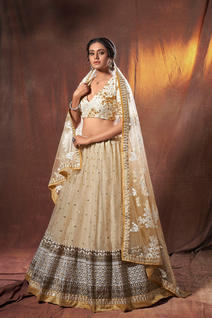 Beige Soft Net Lehenga | Bridal Lehenga Choli | Indian Party Wear