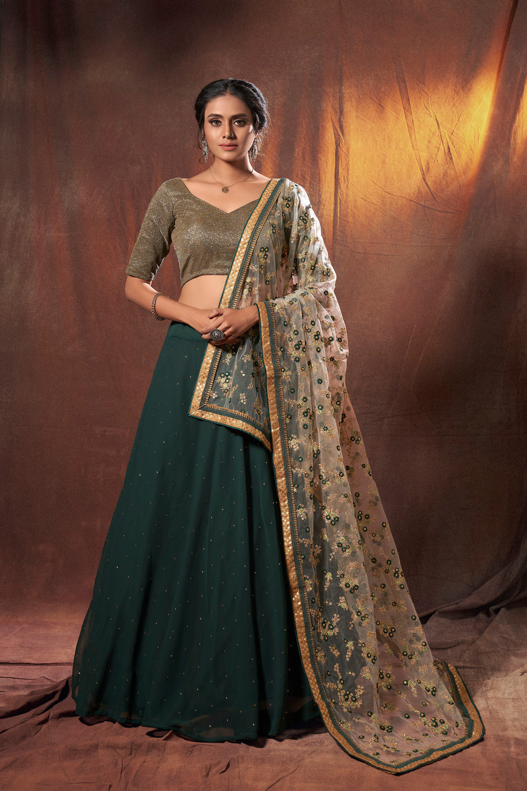 Bridal Lehenga Choli | Bottle Green Wedding Set | Zari & Sequins Work