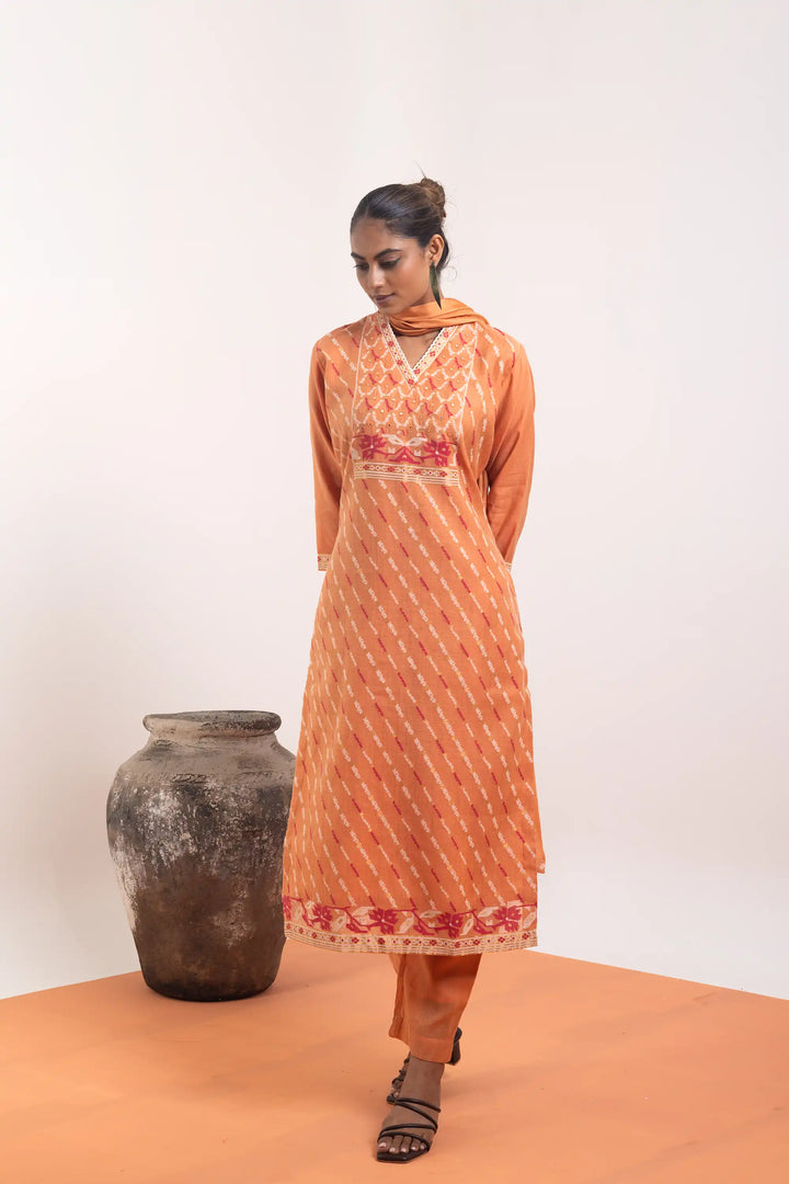 Kurtis Set in coral-orange | Perfect hand work linening work with linen jute