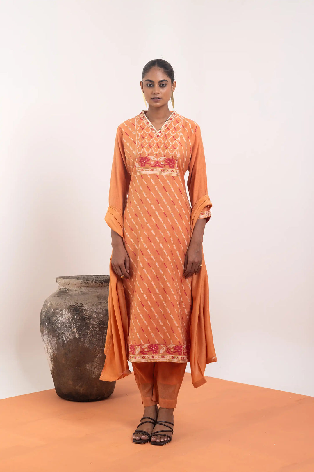 Kurtis Set in coral-orange | Perfect hand work linening work with linen jute