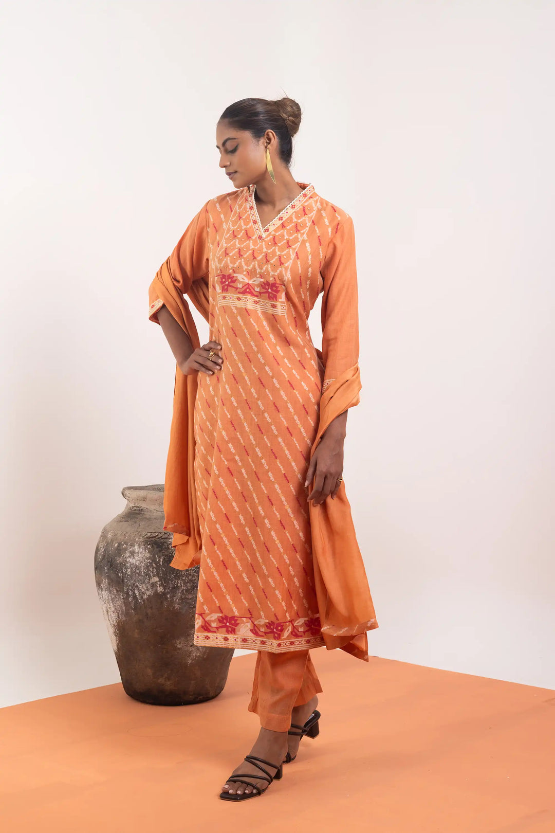 Kurtis Set in coral-orange | Perfect hand work linening work with linen jute