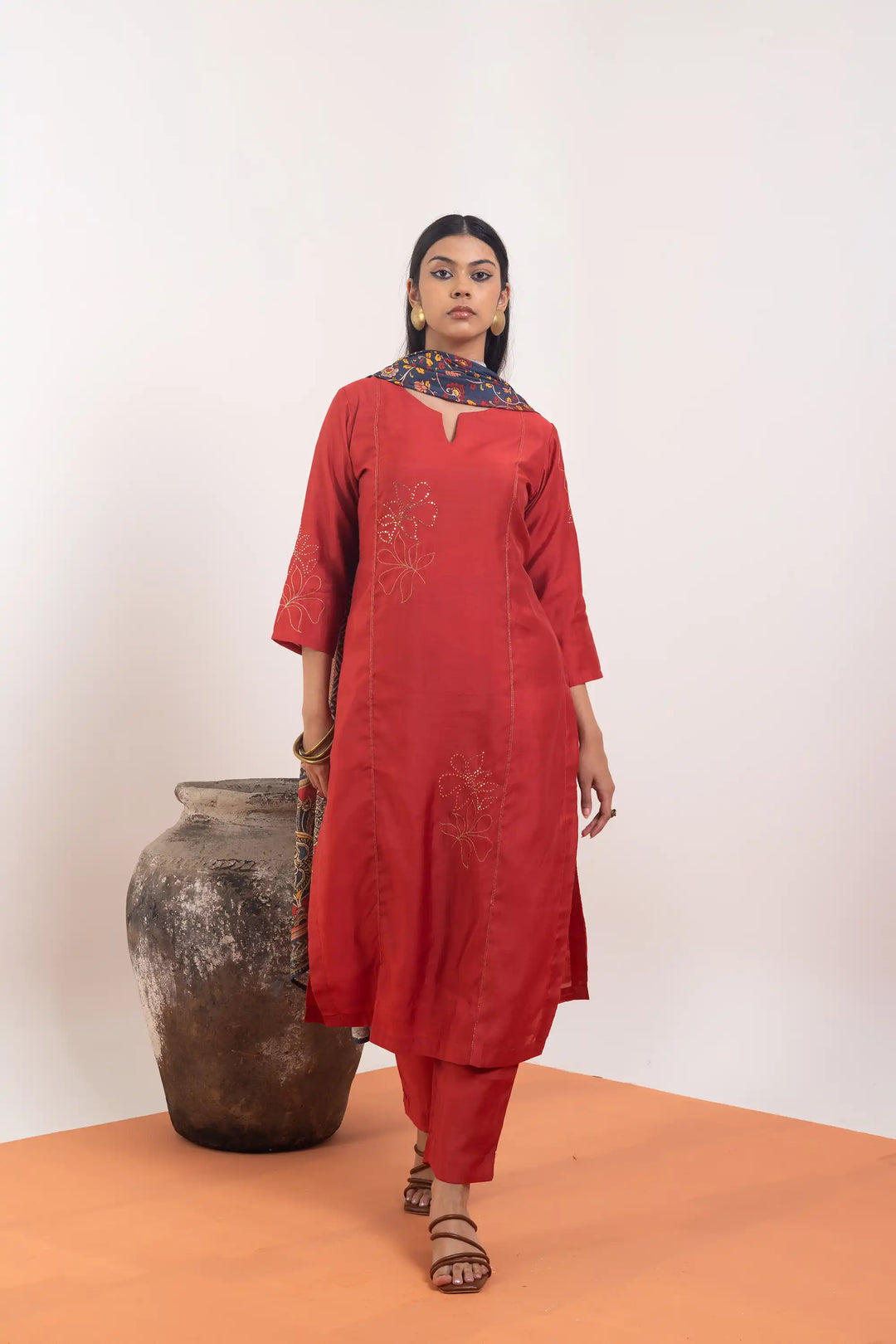 Rust Kurtis Set | Crafted with chanderi and mukaish embroidery work printed line