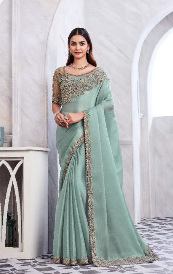 Sky Blue Glass Silk Saree | Exquisite Embroidery Sadi for Parties