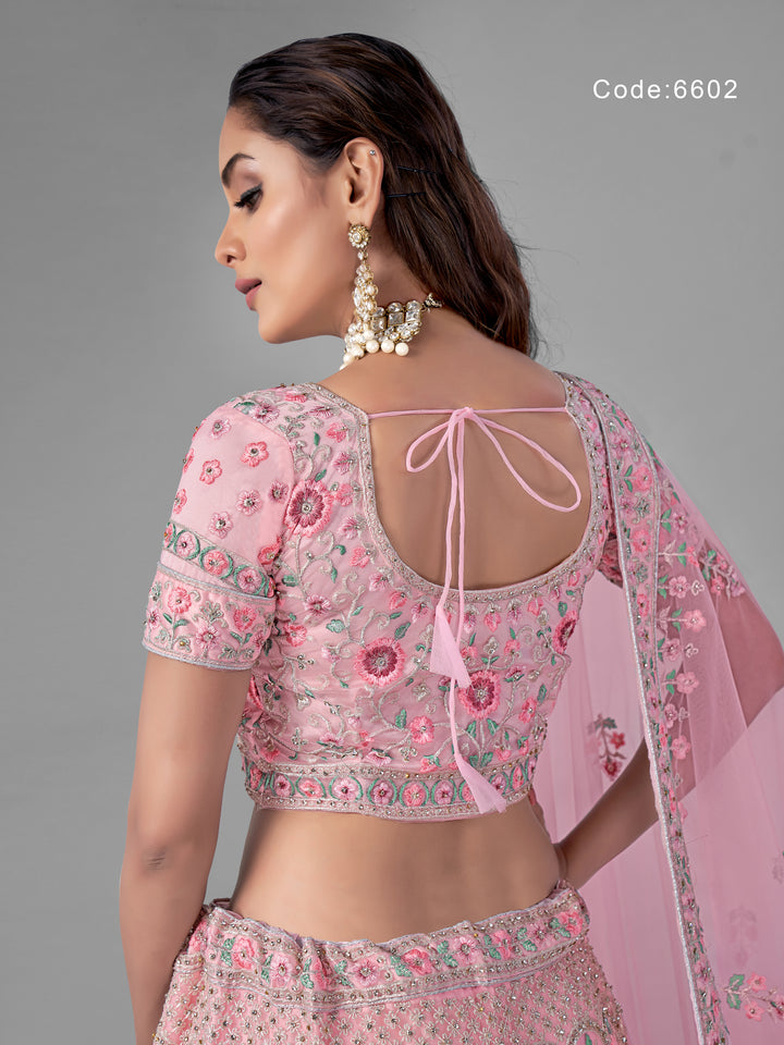 Exquisite Pink Soft Net Lehenga | Intricate Thread & Zarkan Detailing